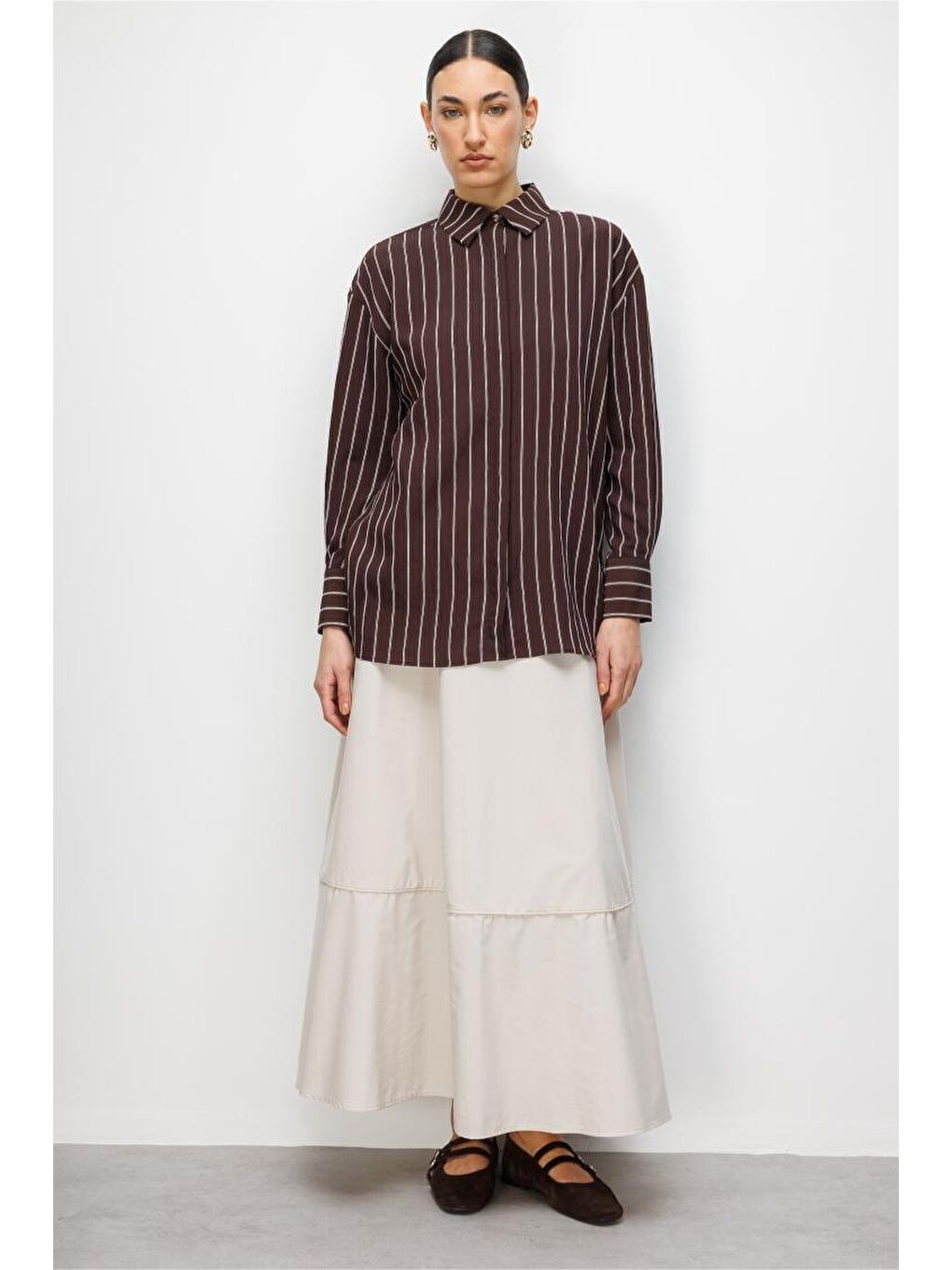Oversize Kahverengi Çizgili Gömlek