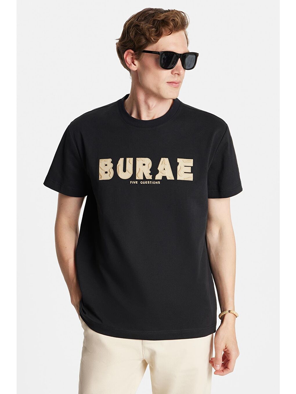 Relax Fit Rahat Kesim %100 Pamuk Ön Nakış Detaylı Bisiklet Yaka Siyah Erkek Tişört-2