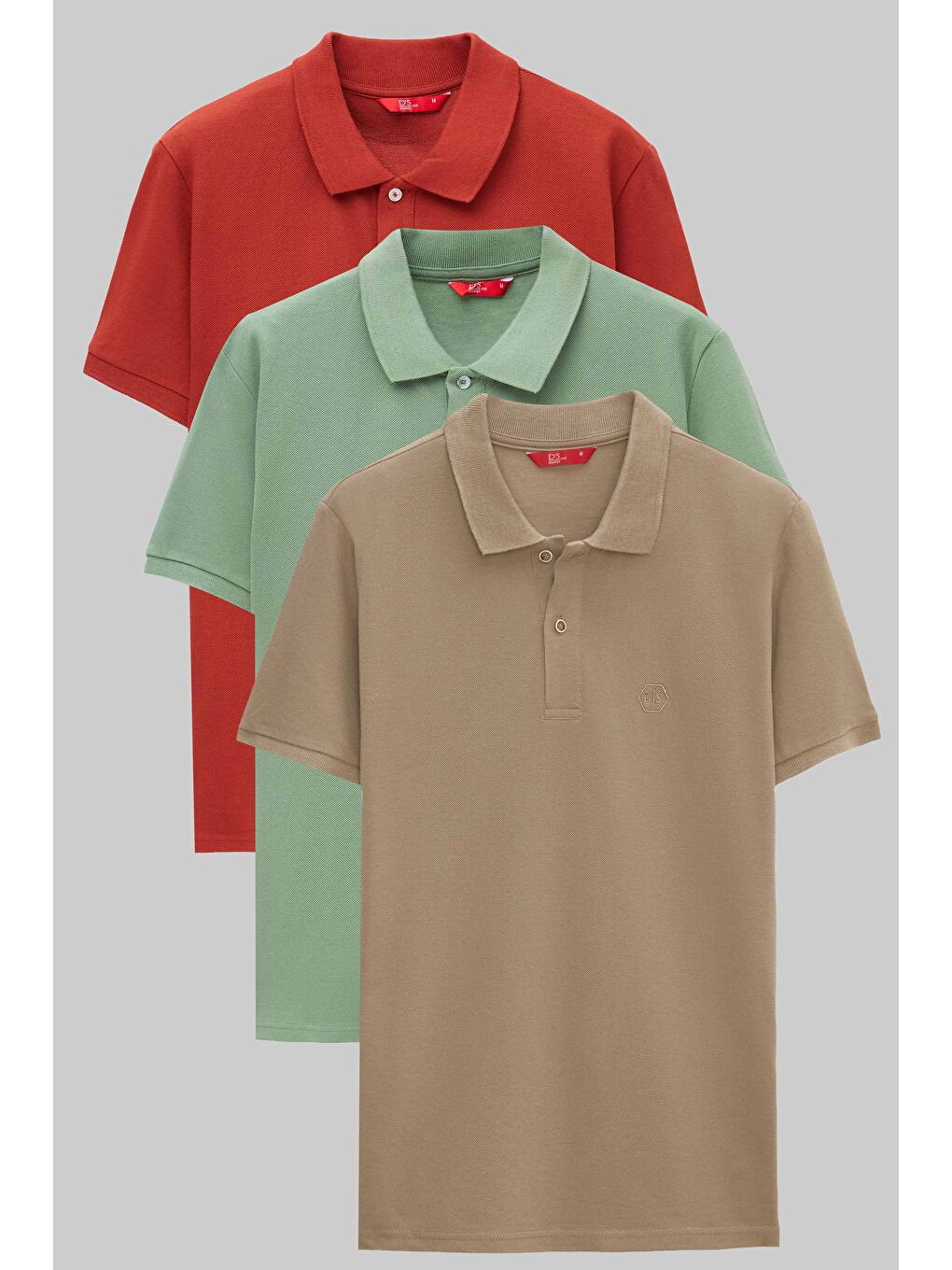 Regular Fit Kiremit/Açık Yeşil/Vizon Pike Dokulu %100 Pamuk Polo Yaka T-Shirt