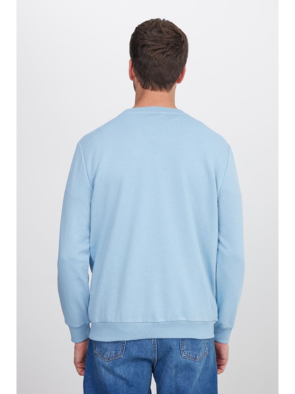 Unisex Relax Fit Rahat Kesim %100 Pamuk Basic Mavi Bisiklet Yaka Sweatshirt-6