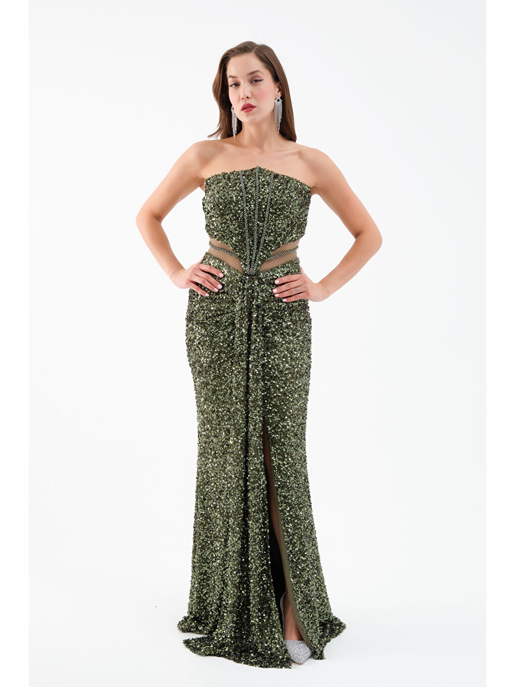 Kadın Haki Straplez Yırtmaçlı Uzun Abiye Elbise-1