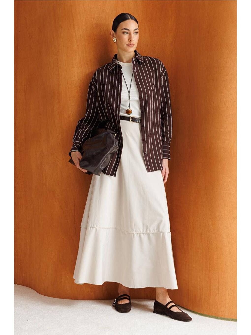 Oversize Kahverengi Çizgili Gömlek-1