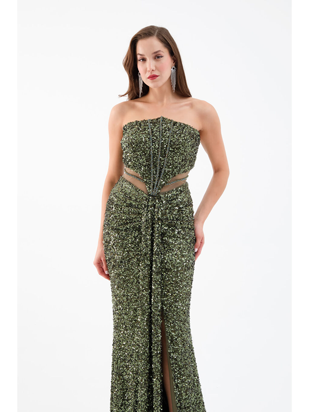 Kadın Haki Straplez Yırtmaçlı Uzun Abiye Elbise-2