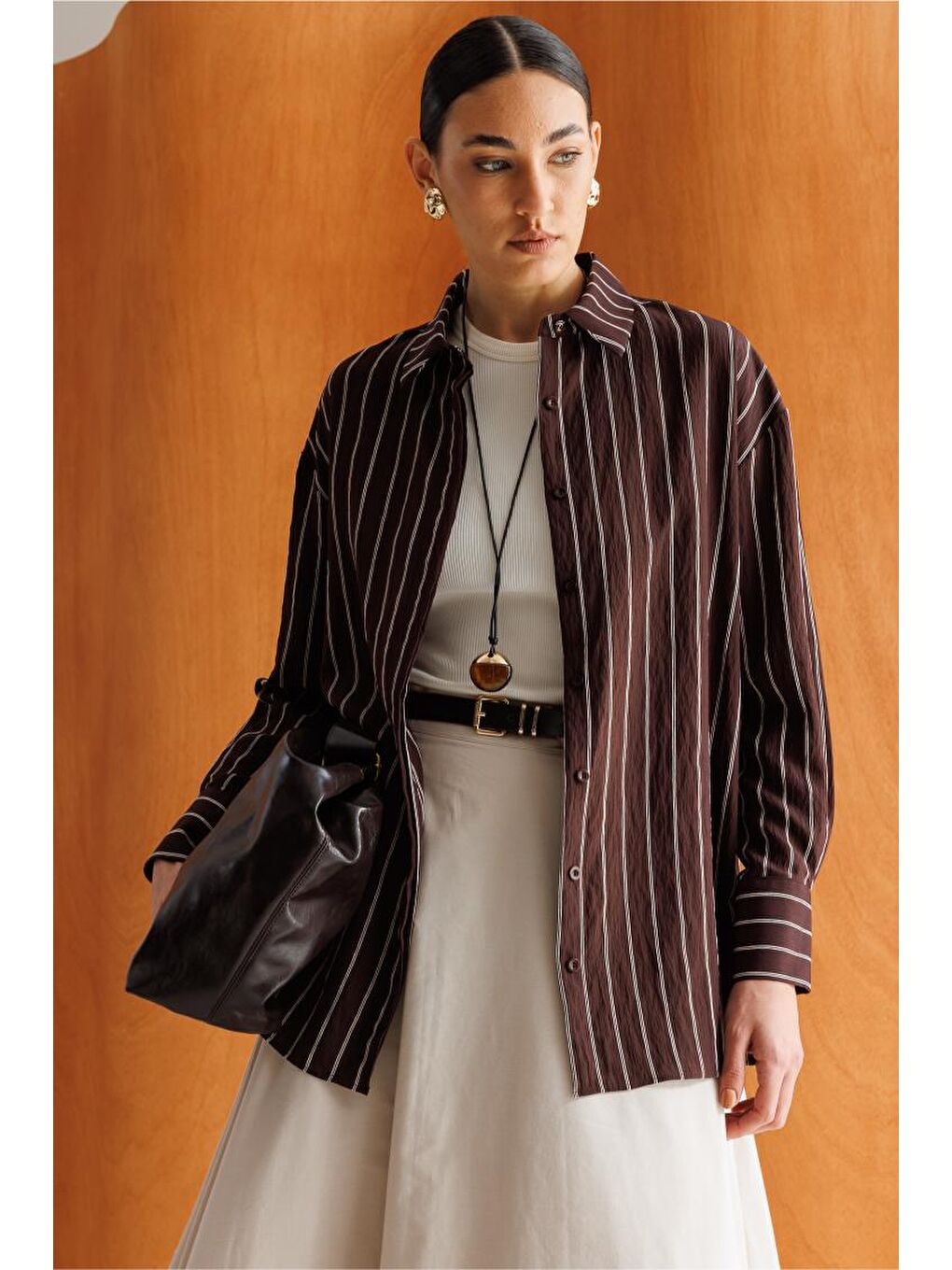 Oversize Kahverengi Çizgili Gömlek-2