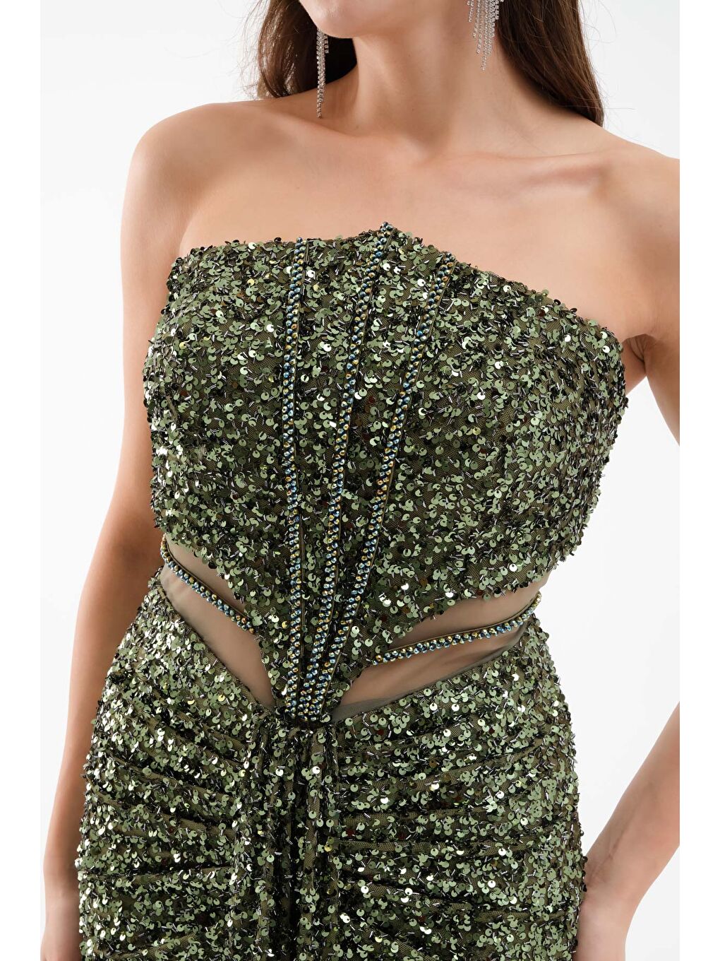 Kadın Haki Straplez Yırtmaçlı Uzun Abiye Elbise-3