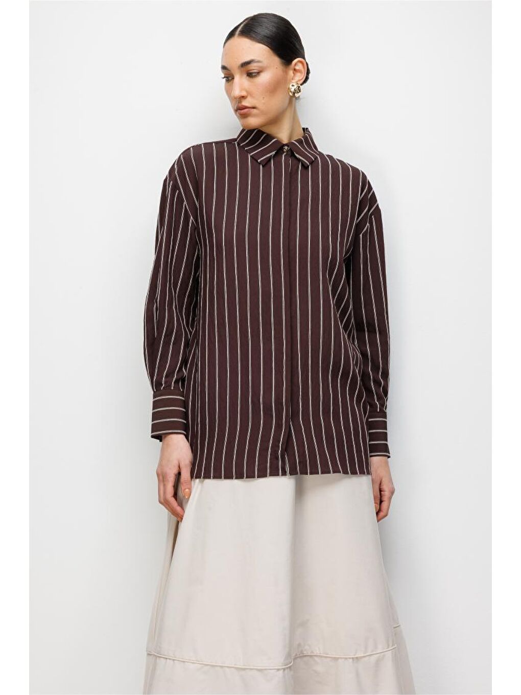Oversize Kahverengi Çizgili Gömlek-3