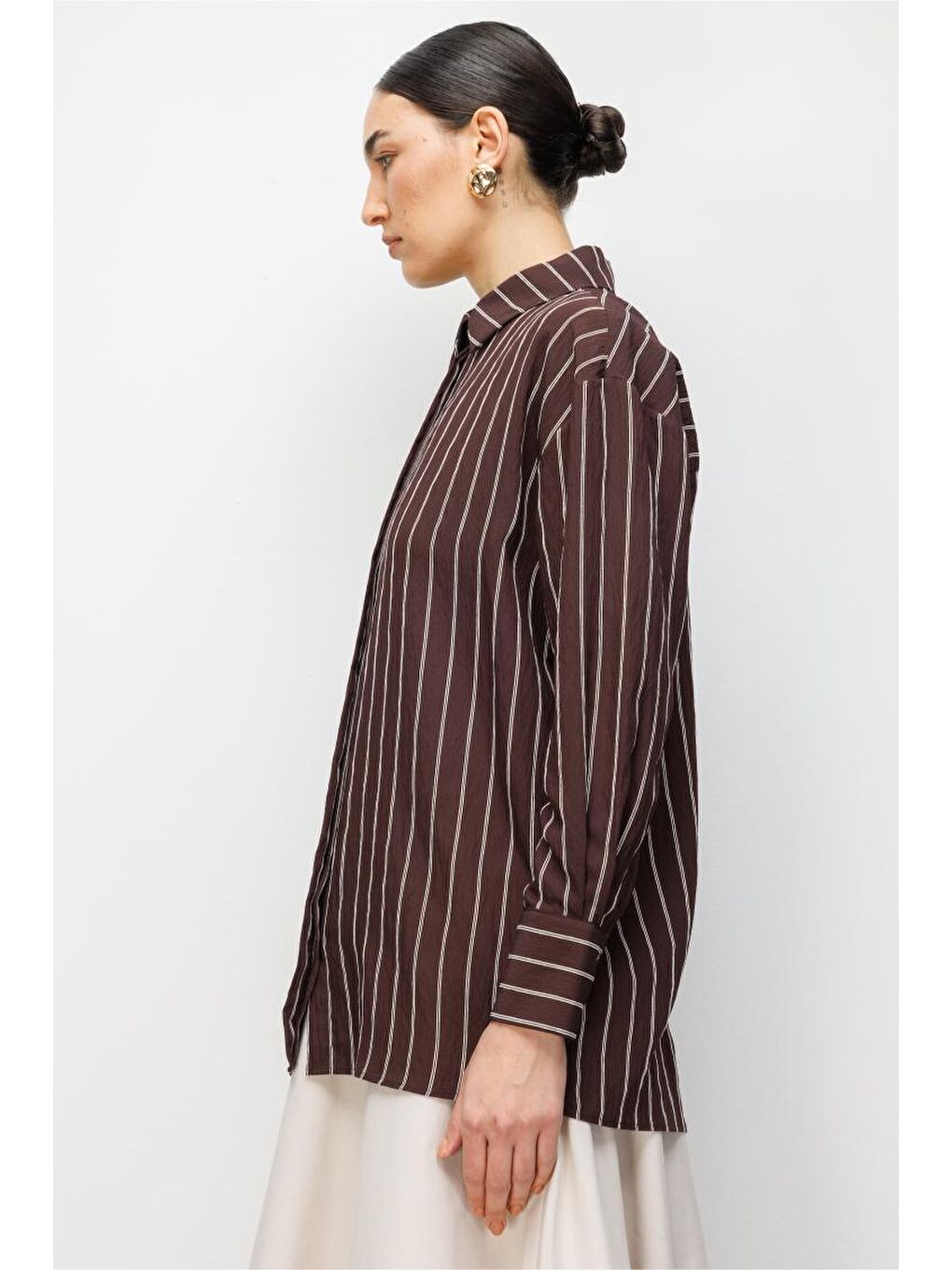 Oversize Kahverengi Çizgili Gömlek-4