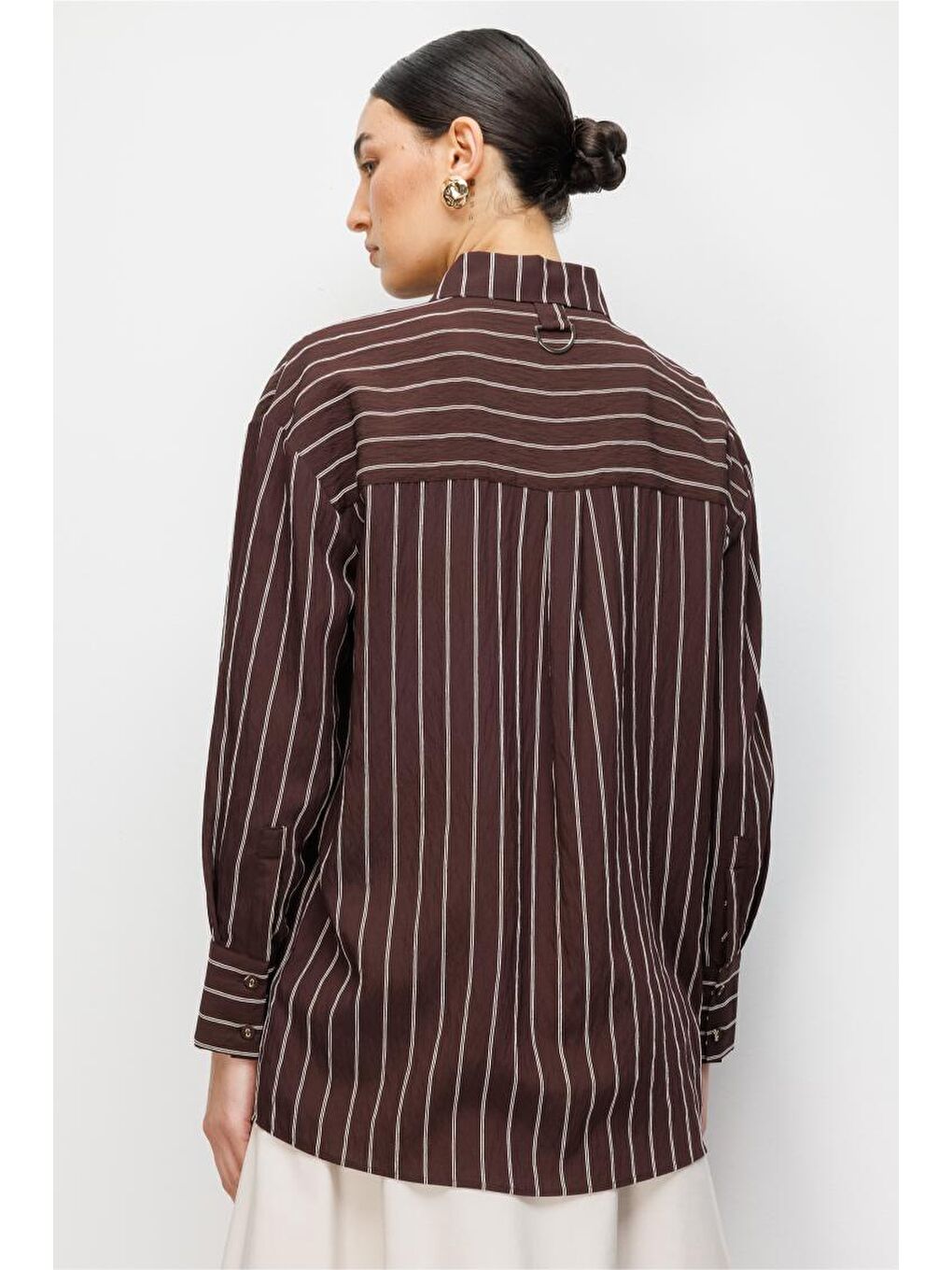 Oversize Kahverengi Çizgili Gömlek-5