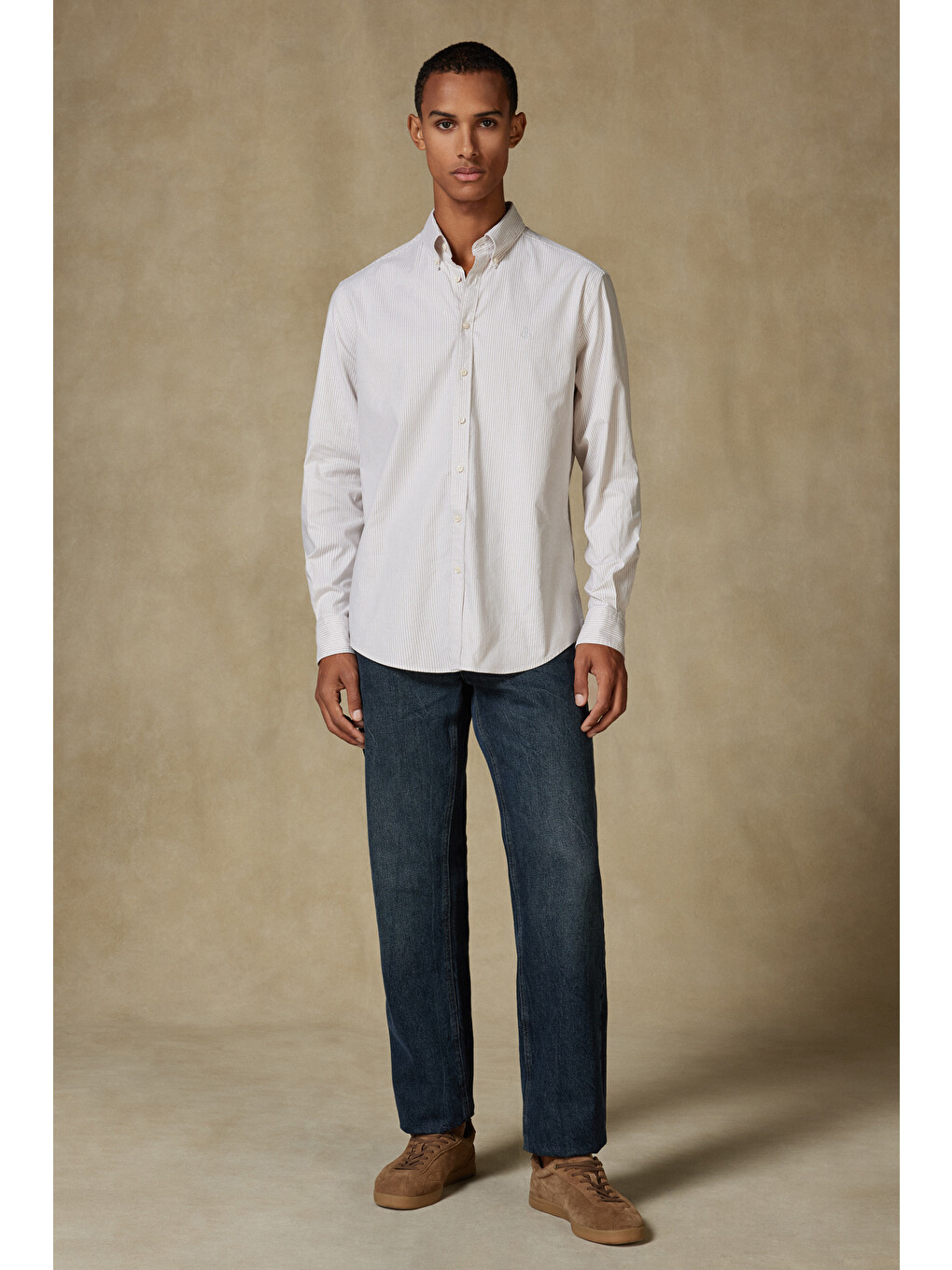 Luca Oxford Stretch Pamuk Karışımlı Comfort Fit Bej Düğmeli Yaka Erkek Çizgili Gömlek-1