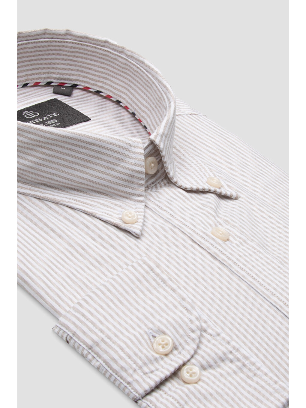 Luca Oxford Stretch Pamuk Karışımlı Comfort Fit Bej Düğmeli Yaka Erkek Çizgili Gömlek-2
