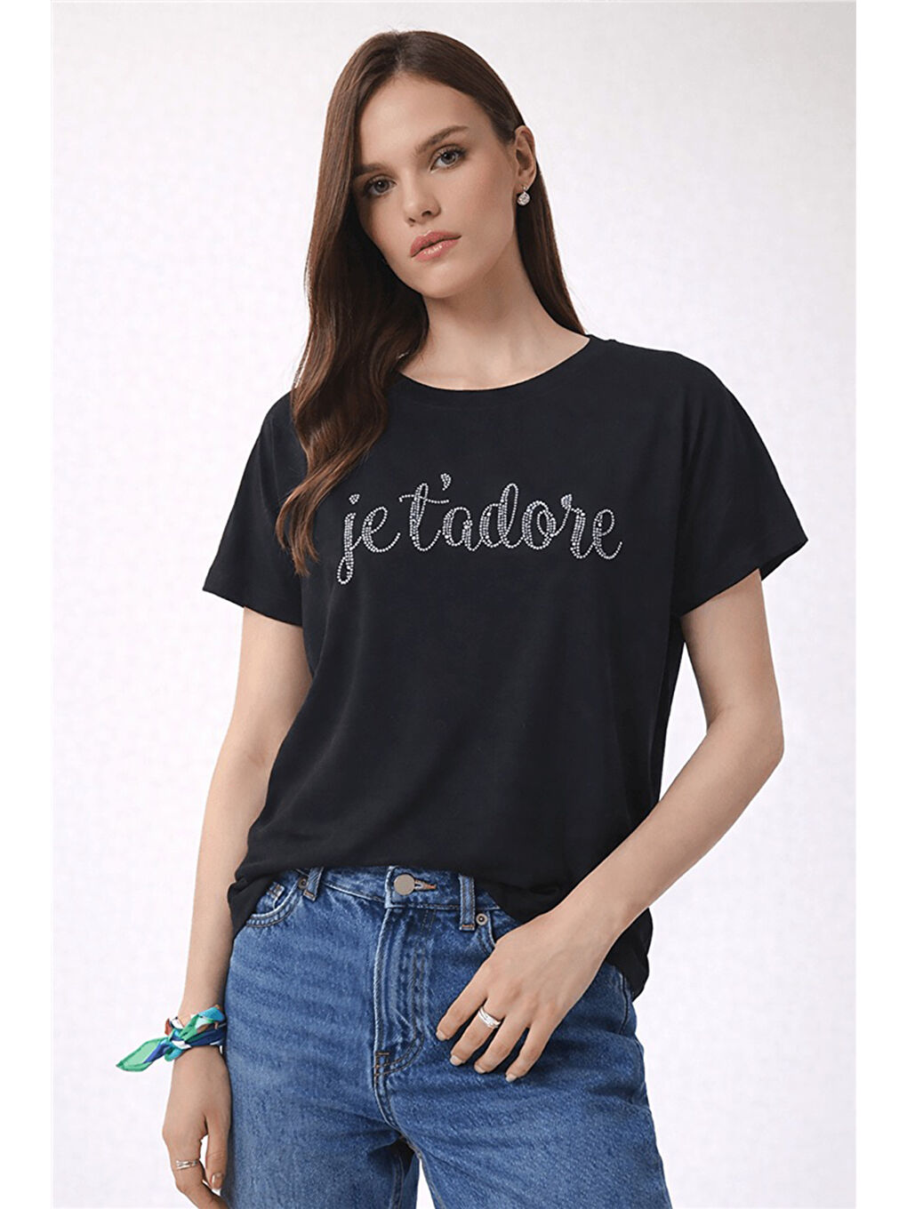 Siyah Dökümlü Baskılı Bisiklet Yaka Kadın Bluz 26Y0190K1