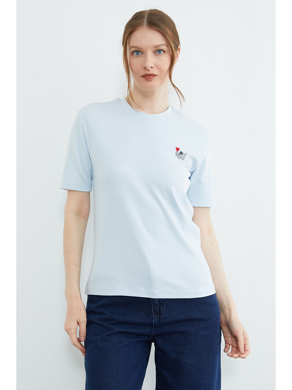 Mavi Fil Nakışlı Bisiklet Yaka Tişört-1