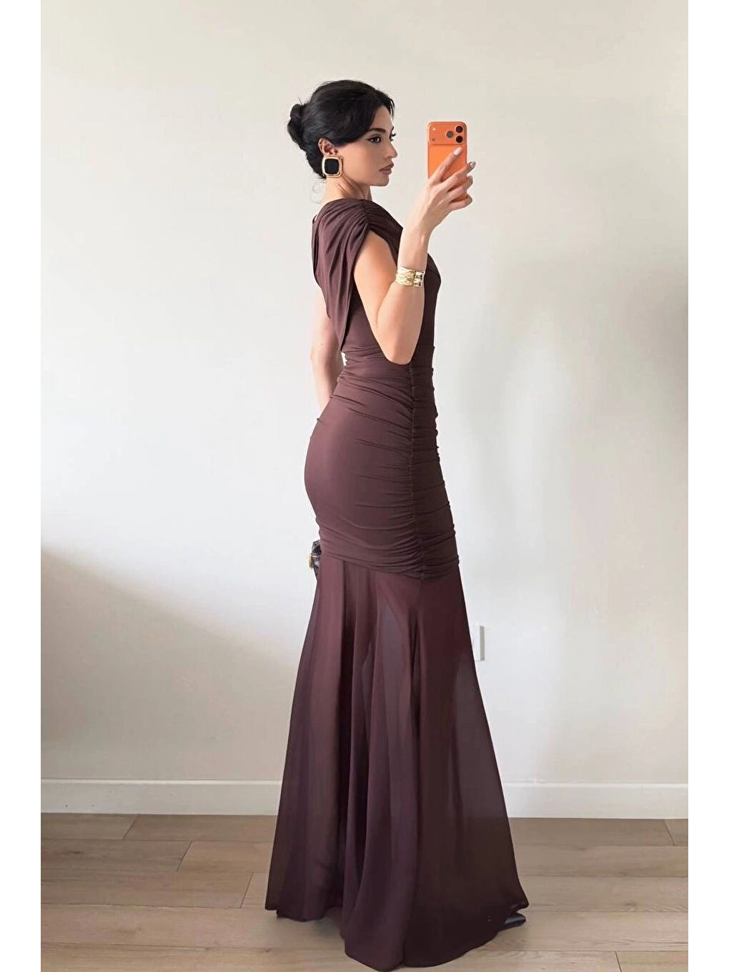 Kahverengi Kadın Kahve Yan Drapeli Transparan Etekli Elbise 1041-2636-1