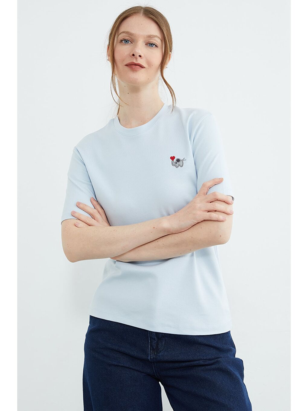 Mavi Fil Nakışlı Bisiklet Yaka Tişört-2