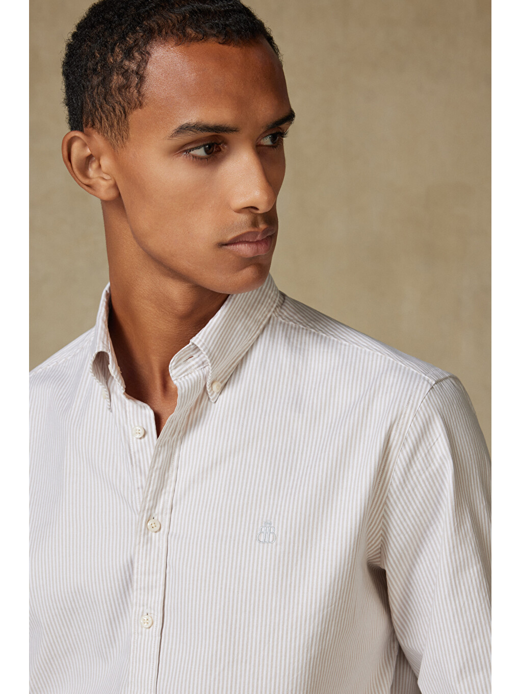 Luca Oxford Stretch Pamuk Karışımlı Comfort Fit Bej Düğmeli Yaka Erkek Çizgili Gömlek-3