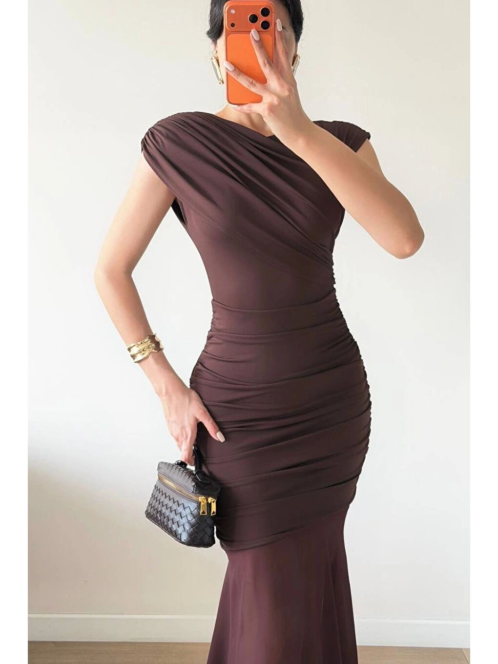 Kahverengi Kadın Kahve Yan Drapeli Transparan Etekli Elbise 1041-2636-2