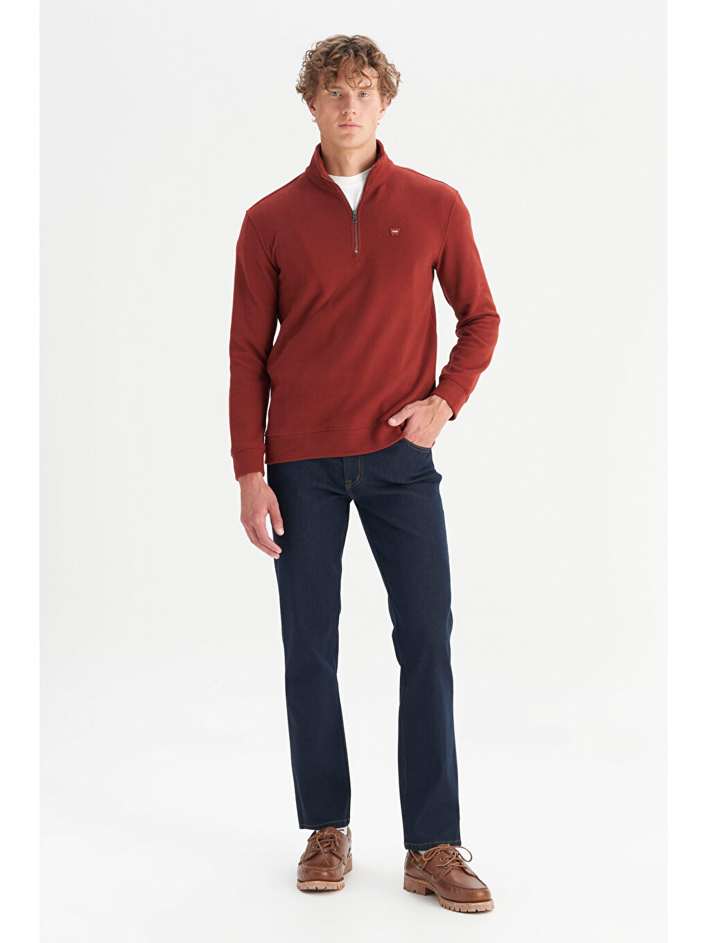 Bordo Pamuklu Regular Fit Dik Yaka Fermuarlı Selanik Örgü Sweatshirt-1