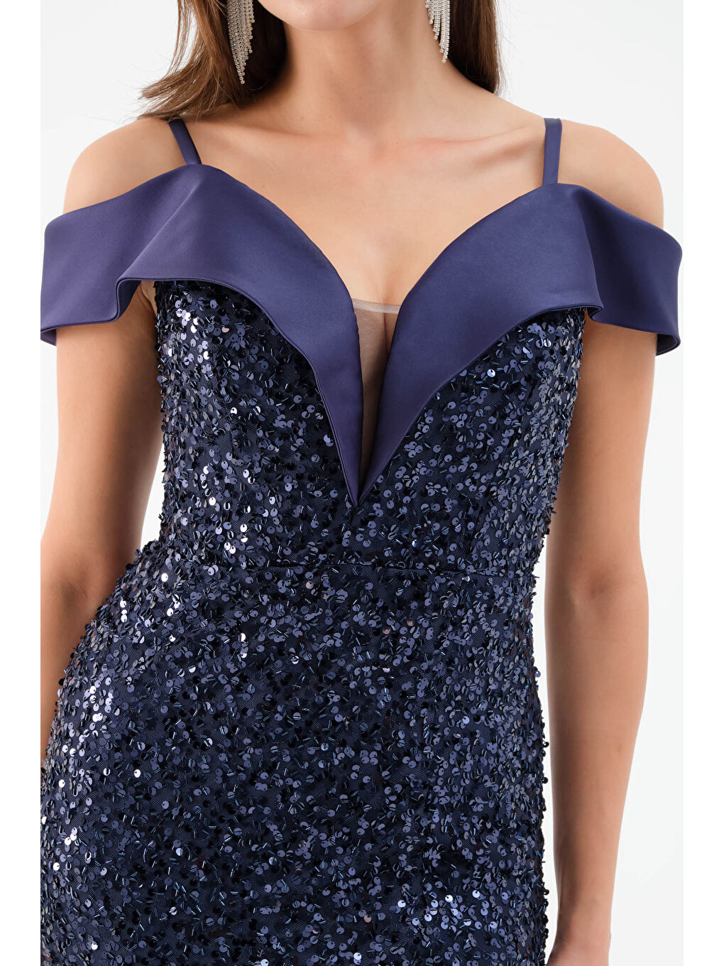 Kadın Lacivert Kayık Yaka Yırtmaçlı Söz Nişan Nikah Abiye Elbise-1