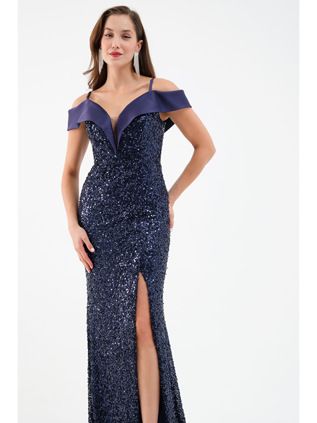 Kadın Lacivert Kayık Yaka Yırtmaçlı Söz Nişan Nikah Abiye Elbise-2