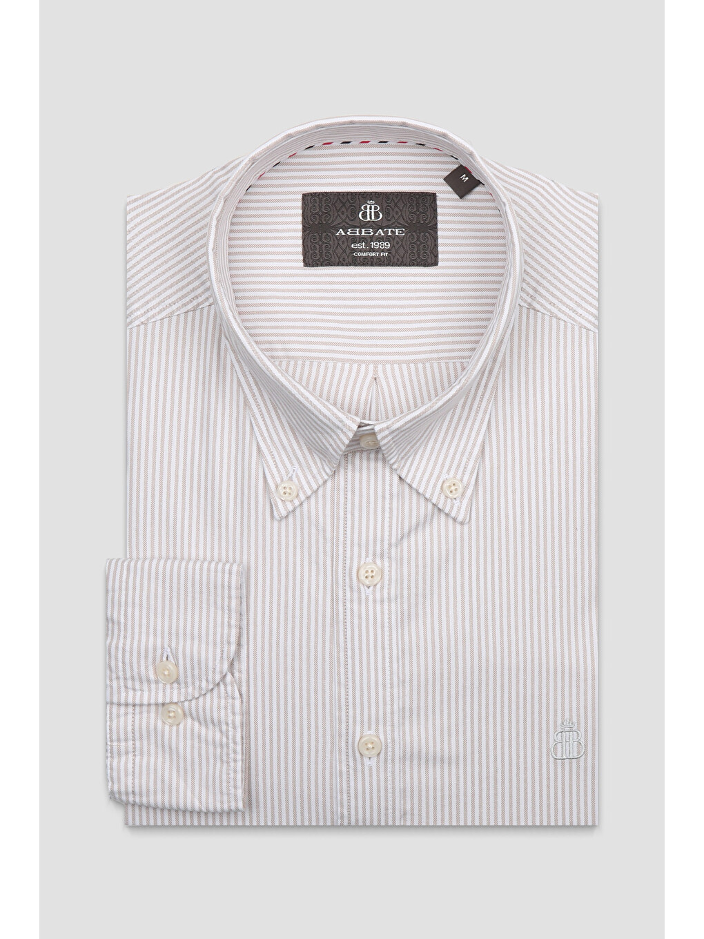 Luca Oxford Stretch Pamuk Karışımlı Comfort Fit Bej Düğmeli Yaka Erkek Çizgili Gömlek-4