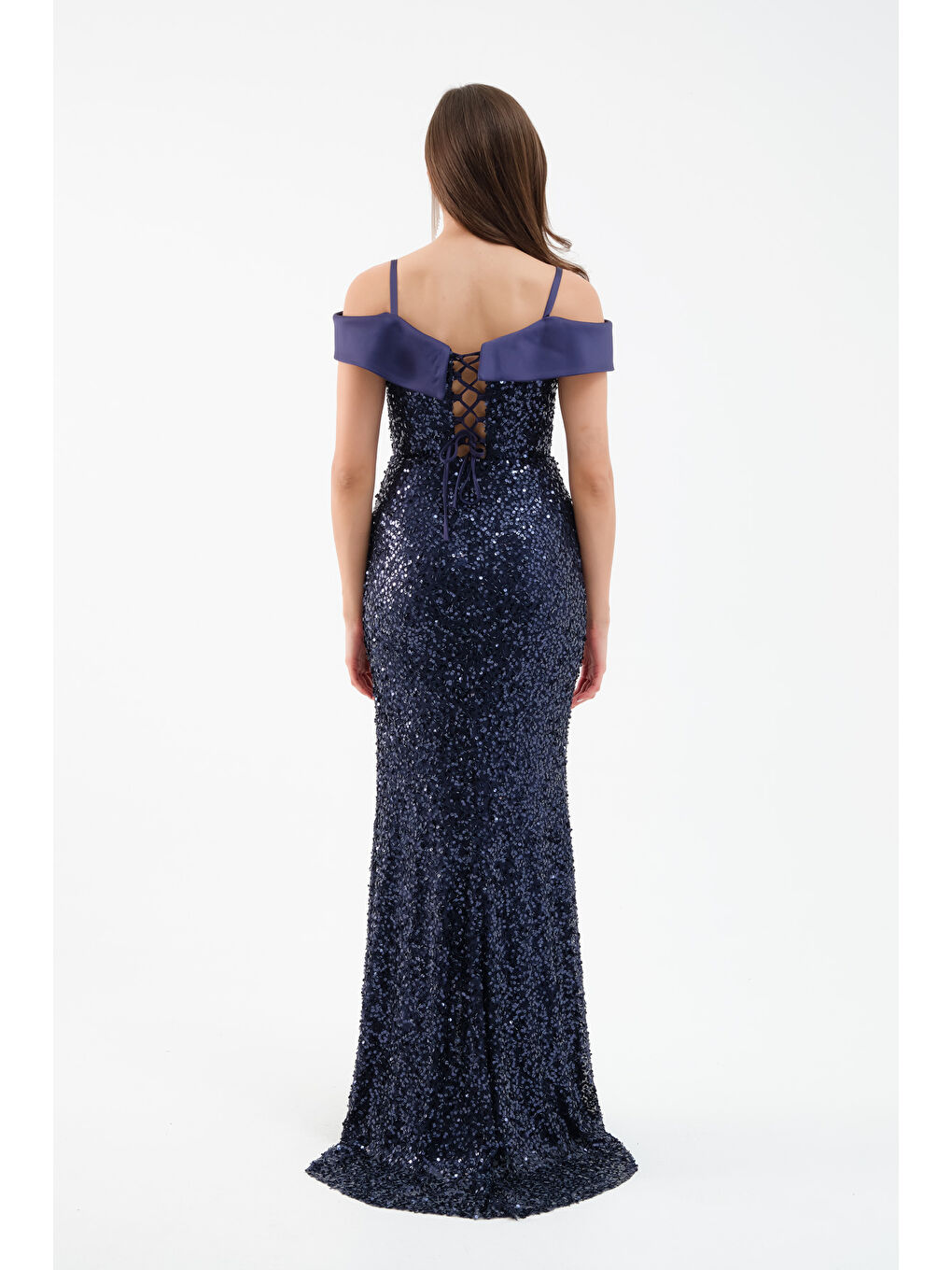 Kadın Lacivert Kayık Yaka Yırtmaçlı Söz Nişan Nikah Abiye Elbise-4