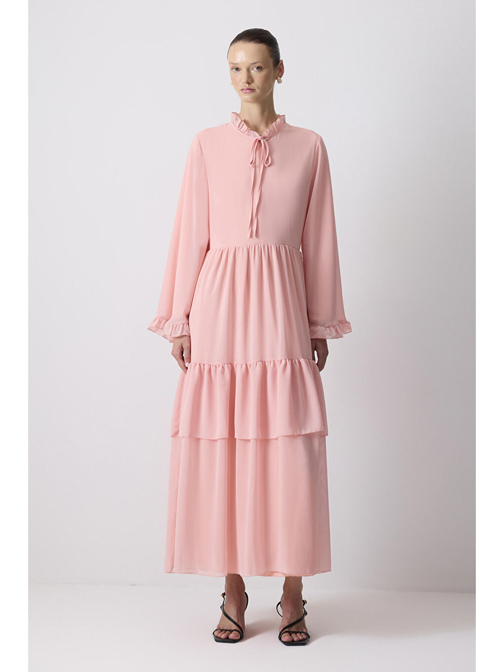 Pembe Büzgülü Şifon Elbise