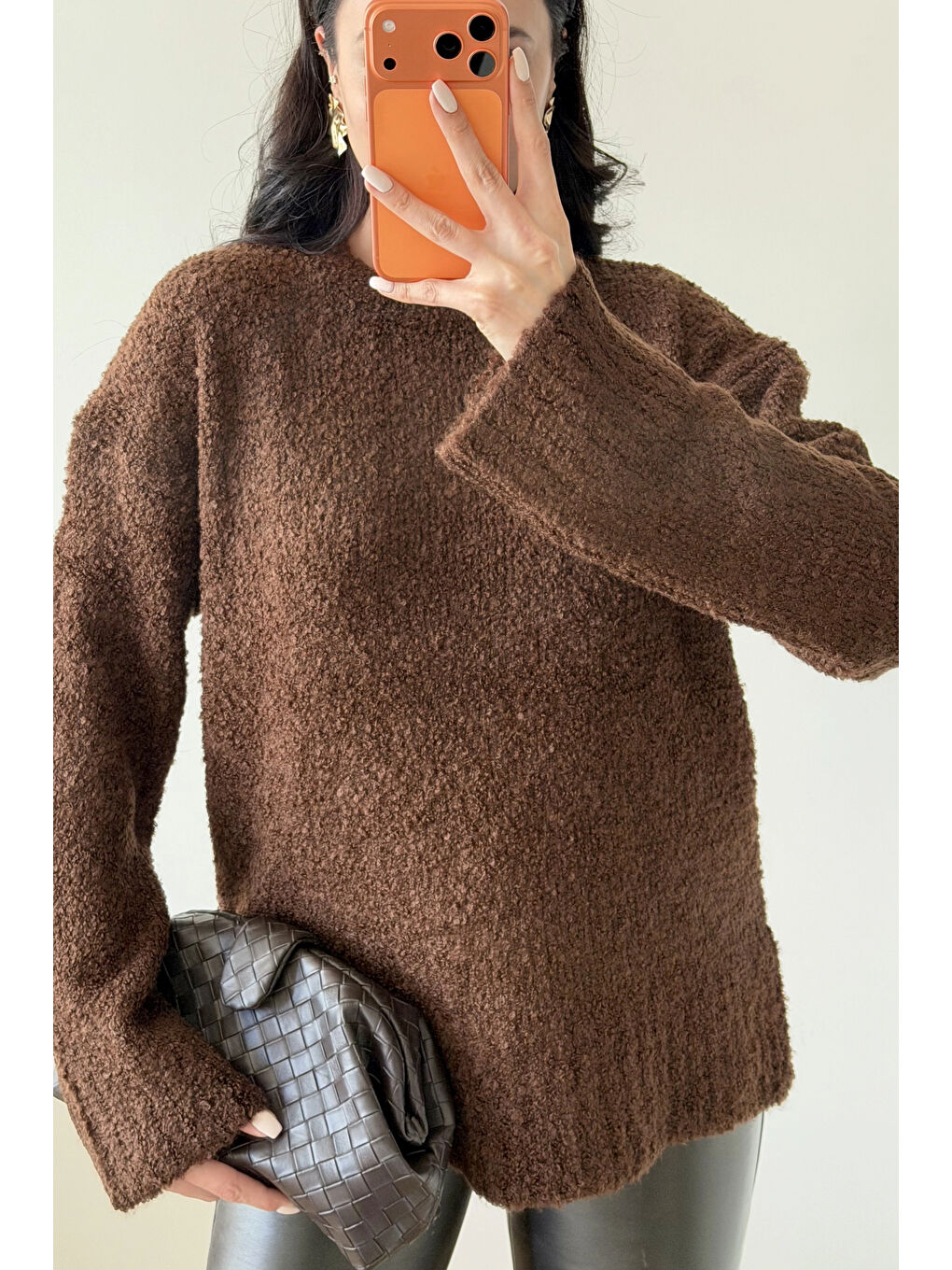 Kahverengi Kadın Kahve Oversize Buklet Kazak 1014-2347