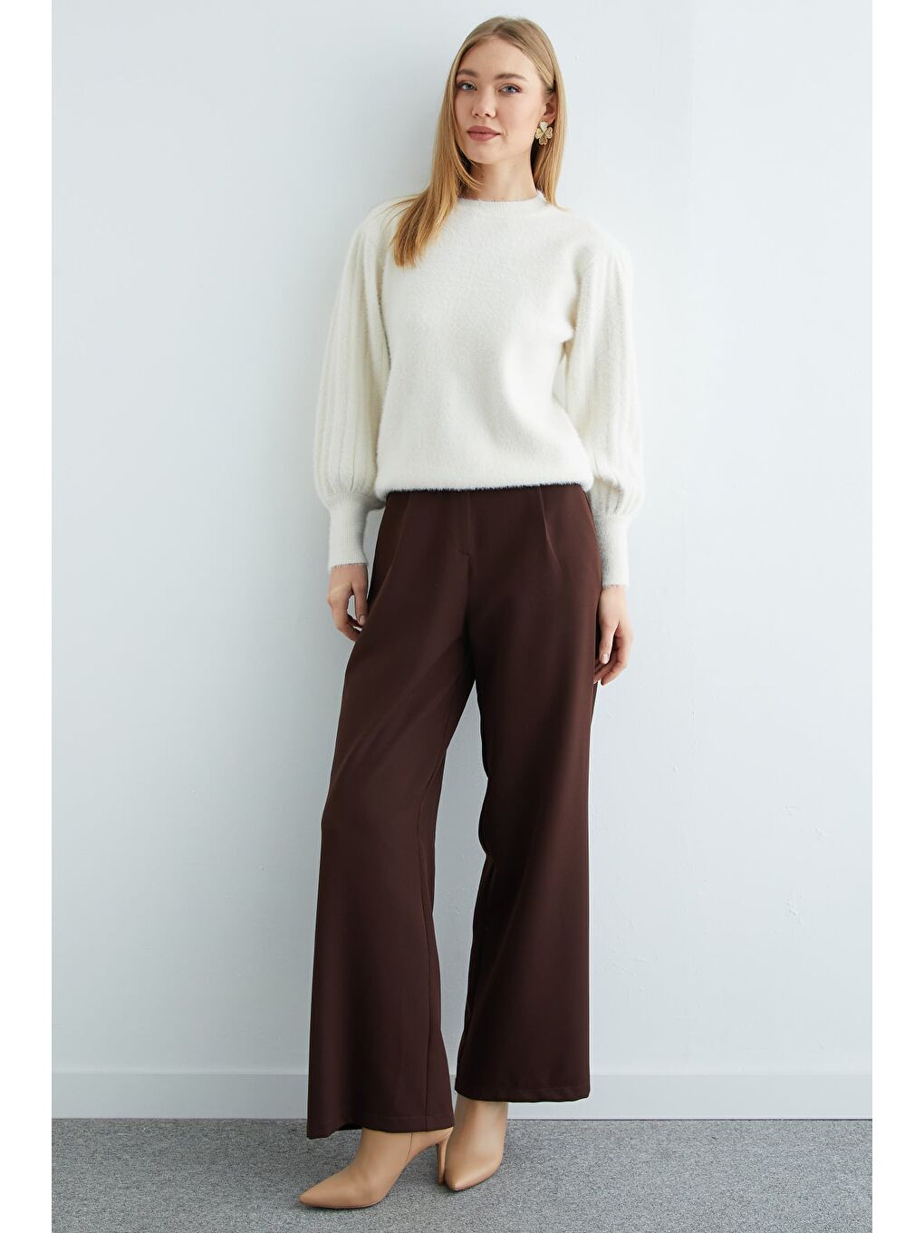 Ekru Balon Kol Bisiklet Yaka Triko Kazak-1