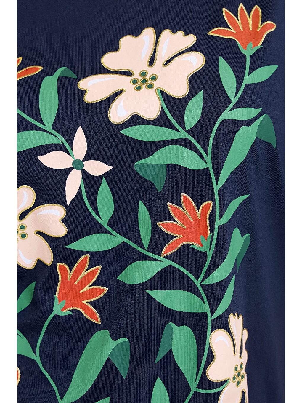 Lacivert Büyük Beden Bisiklet Yaka Kısa Kollu Çiçek Desenli T-shirt 304198-4