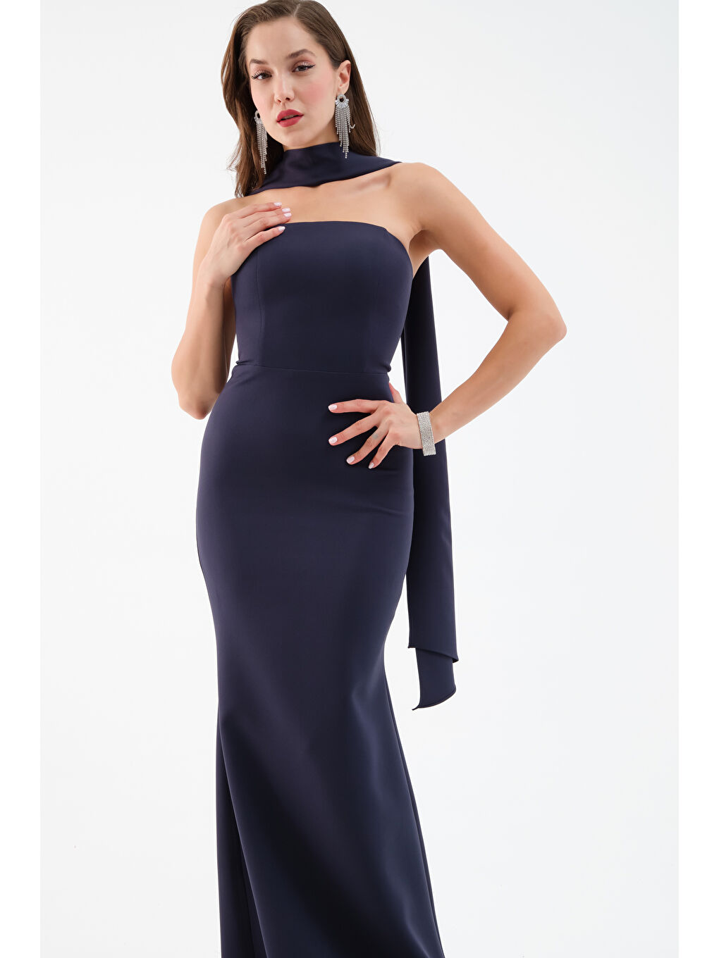 Kadın Lacivert Şal Yaka Detay Uzun Abiye Elbise-1
