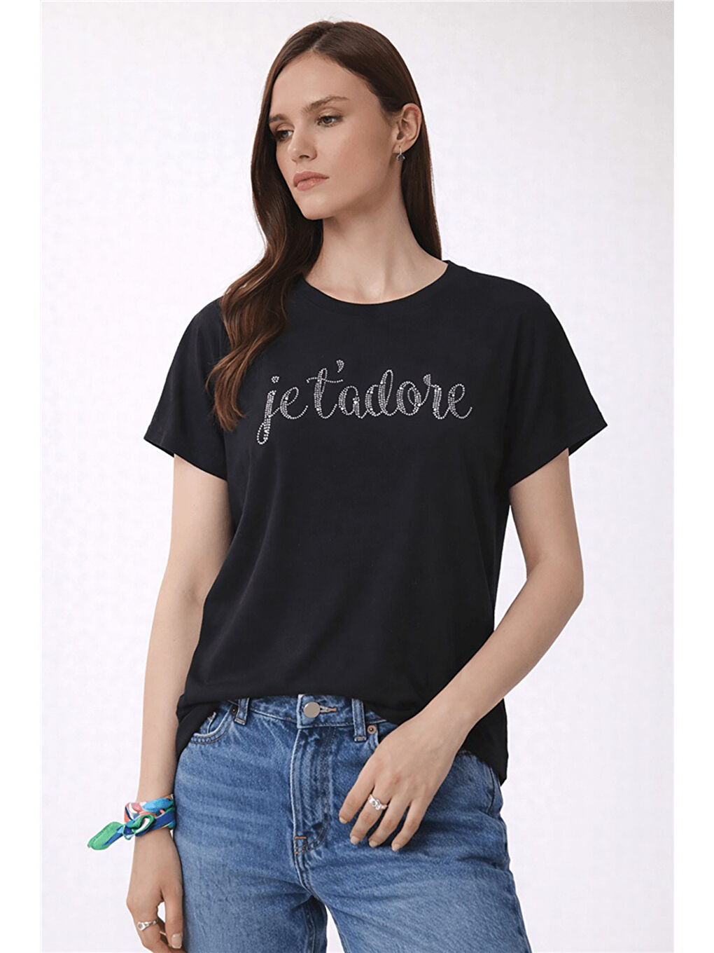 Siyah Dökümlü Baskılı Bisiklet Yaka Kadın Bluz 26Y0190K1-2