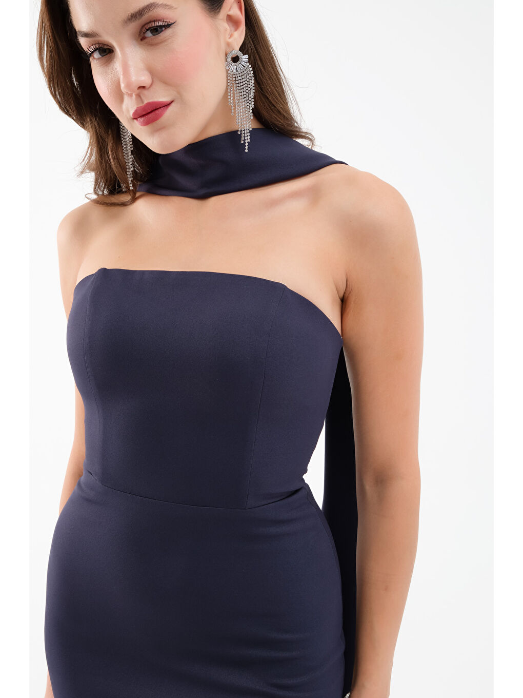 Kadın Lacivert Şal Yaka Detay Uzun Abiye Elbise-3