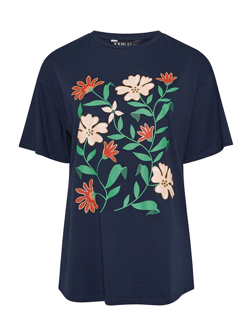 Lacivert Büyük Beden Bisiklet Yaka Kısa Kollu Çiçek Desenli T-shirt 304198-5