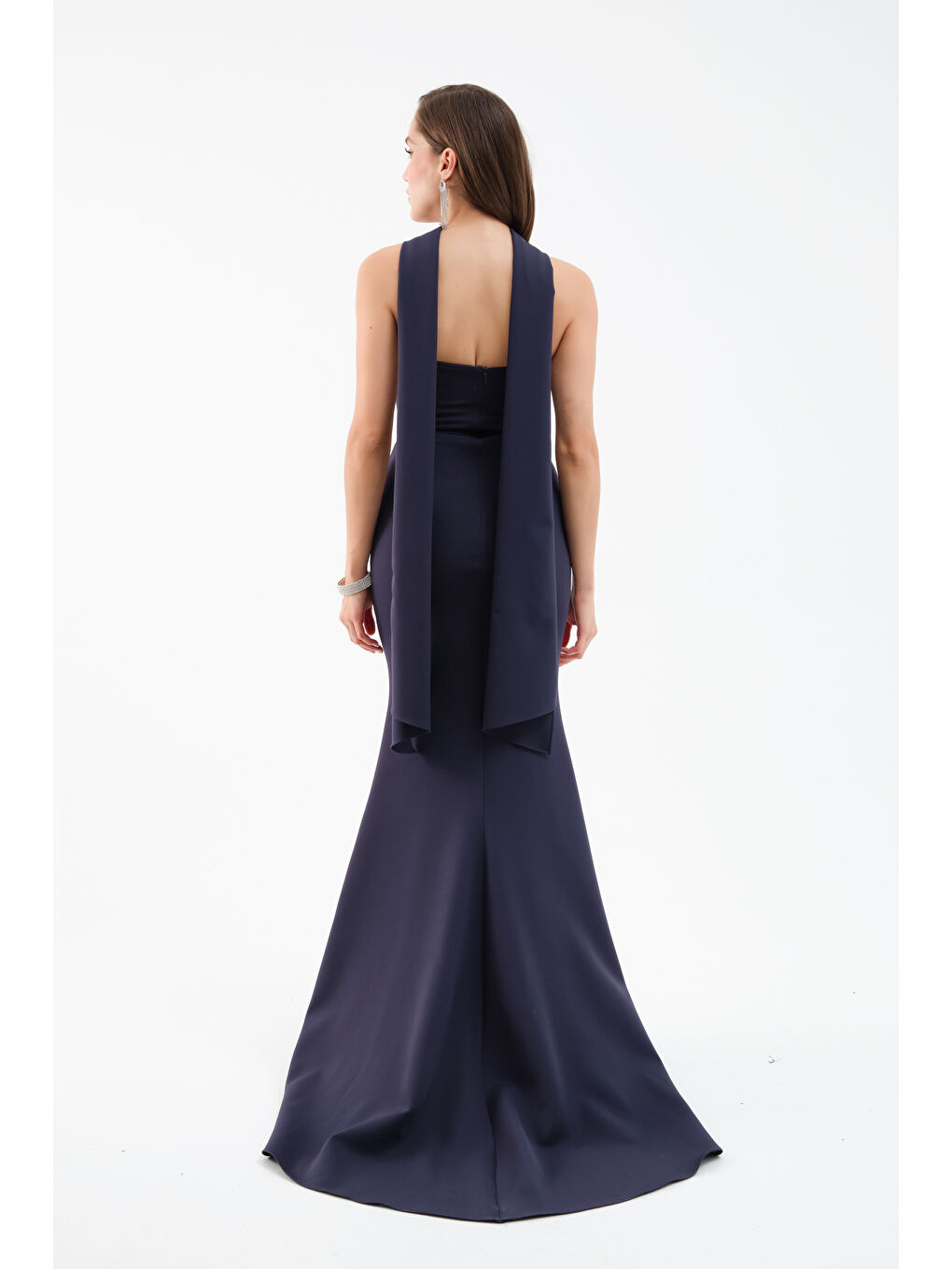 Kadın Lacivert Şal Yaka Detay Uzun Abiye Elbise-4