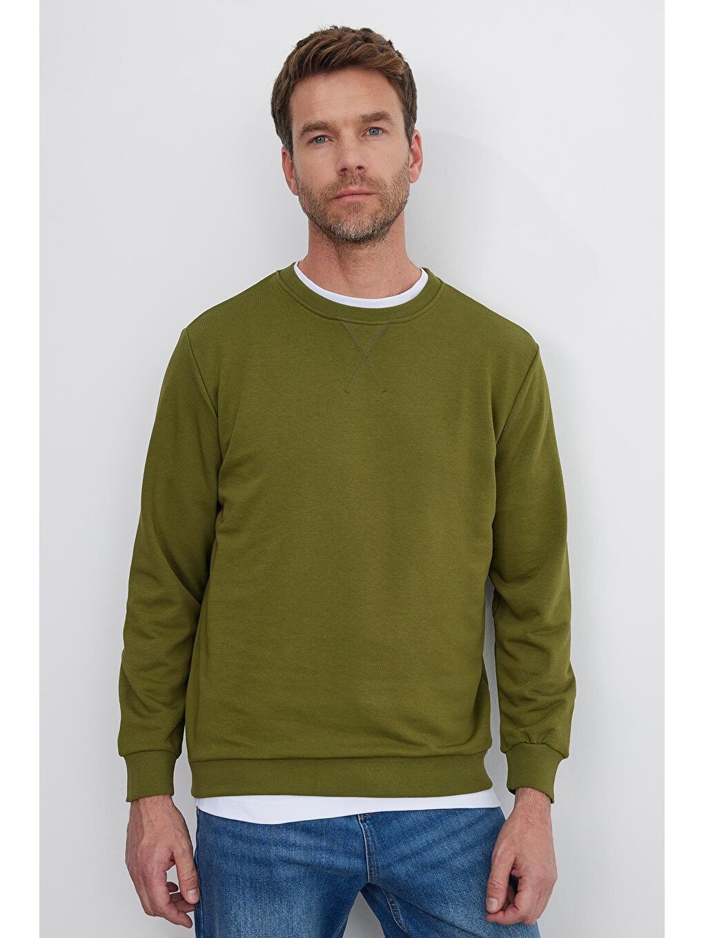 Unisex Relax Fit Rahat Kesim %100 Pamuk Basic Yeşil Bisiklet Yaka Sweatshirt-3