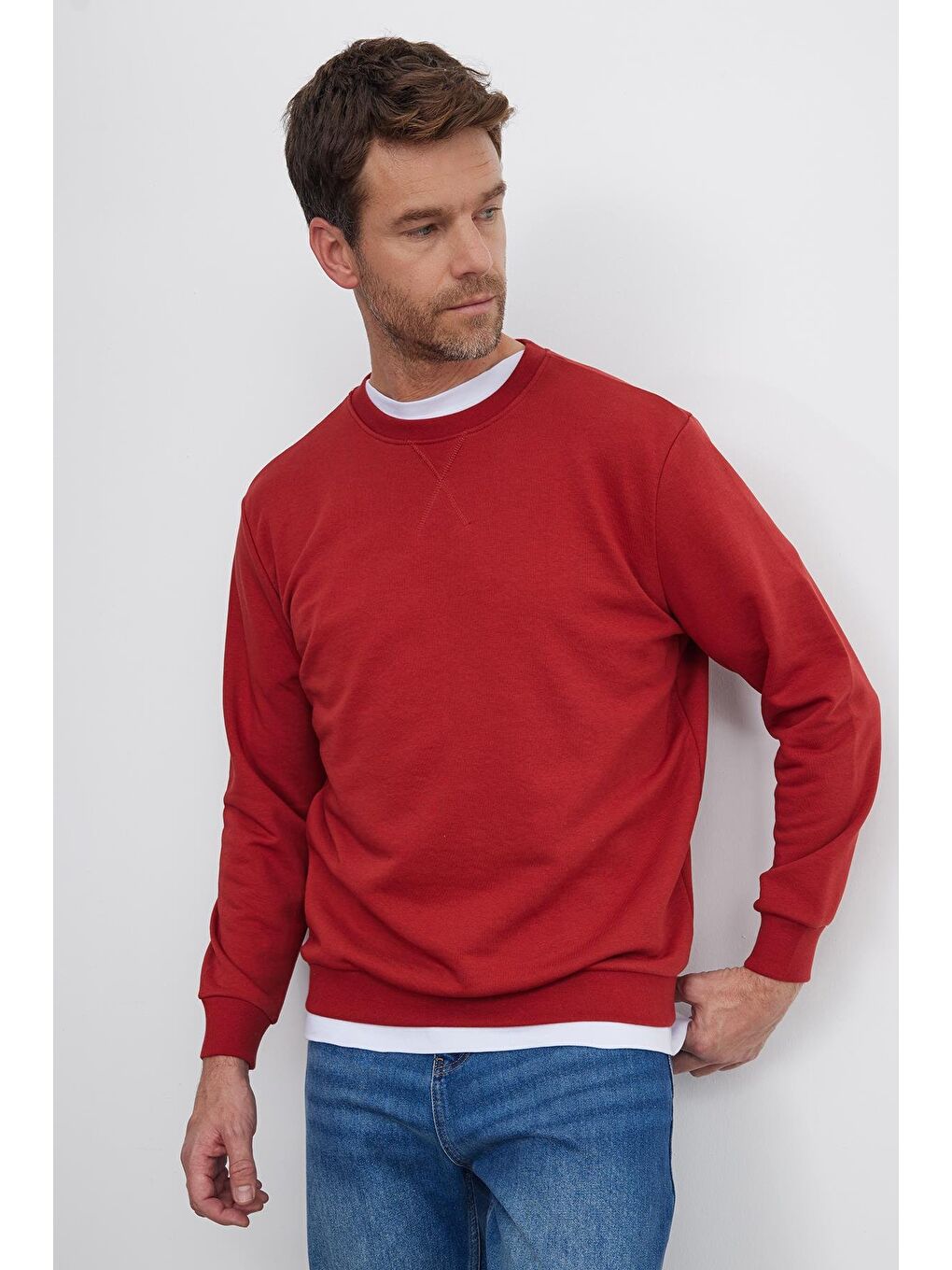 Kahverengi Unisex Relax Fit Rahat Kesim %100 Pamuk Basic Kiremit Bisiklet Yaka Sweatshirt-3