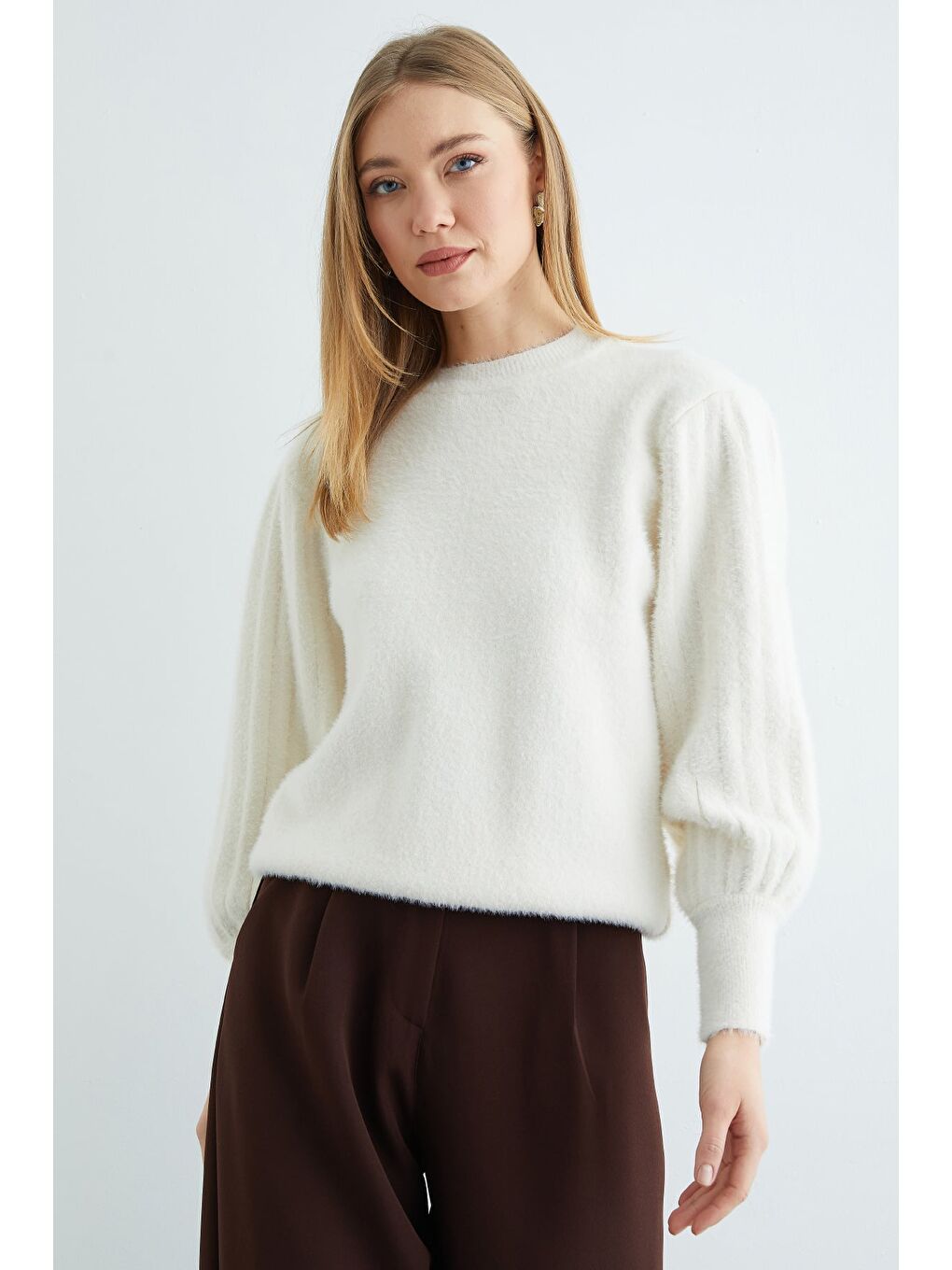 Ekru Balon Kol Bisiklet Yaka Triko Kazak-2