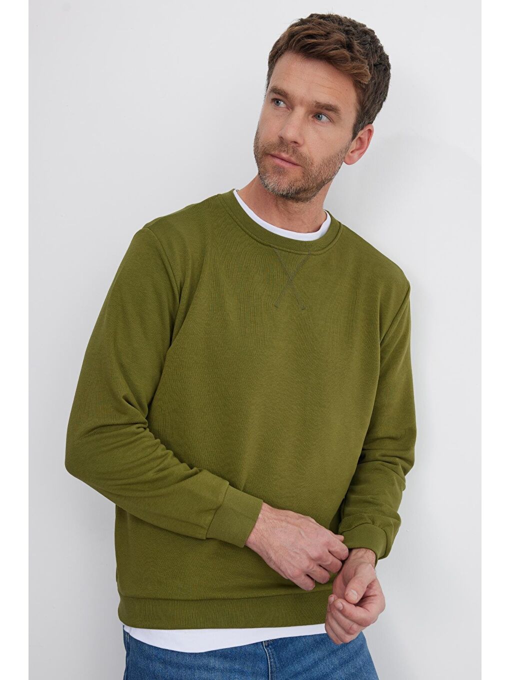 Unisex Relax Fit Rahat Kesim %100 Pamuk Basic Yeşil Bisiklet Yaka Sweatshirt-4