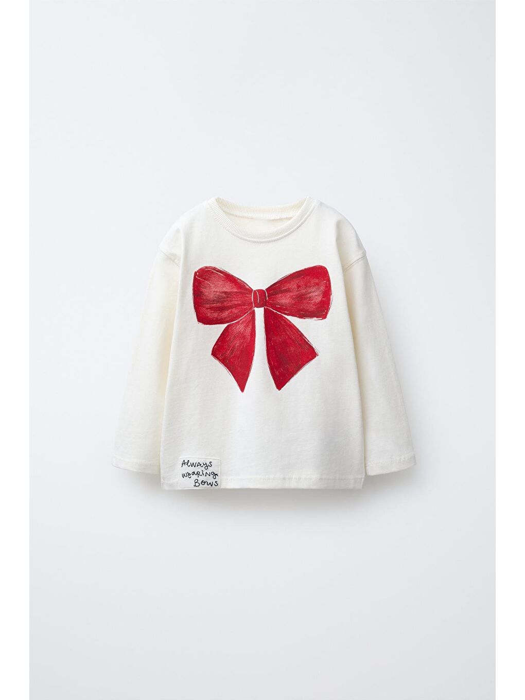 Kız Çocuk Pamuklu Ekru Fiyonk Baskılı Uzun Kollu T-Shirt