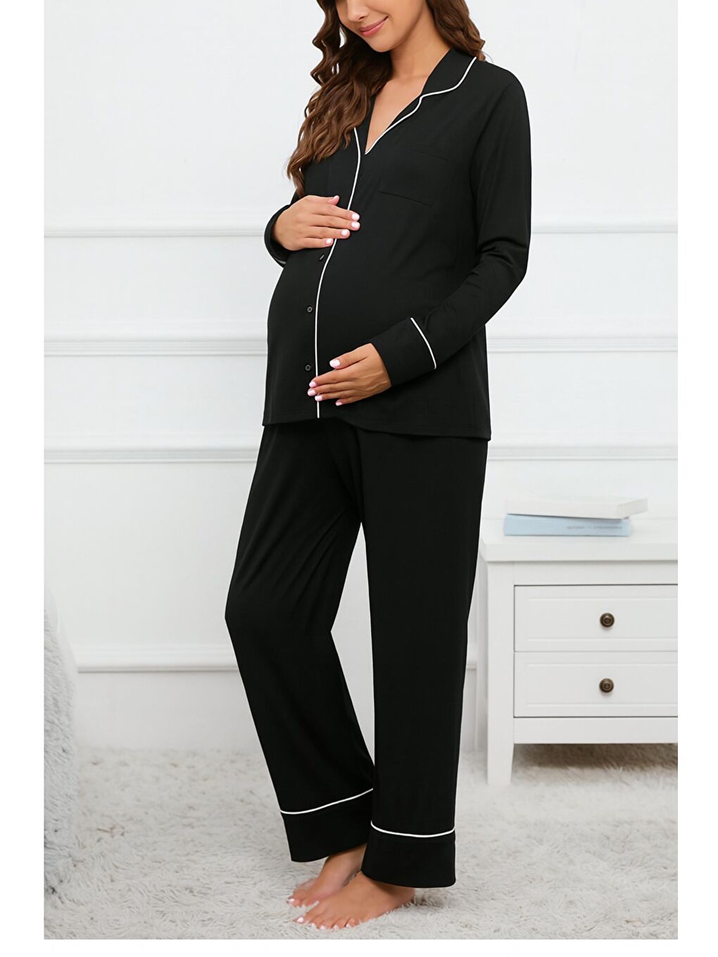 Siyah Gömlek Yaka Önden Düğmeli Uzun Kol Rahat Form Hamile ve Lohusa Pijama Takımı