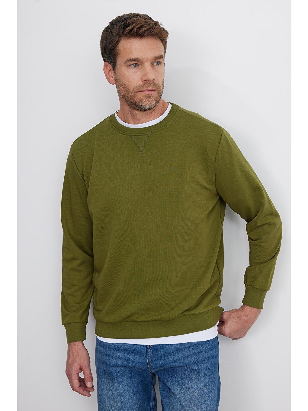 Unisex Relax Fit Rahat Kesim %100 Pamuk Basic Yeşil Bisiklet Yaka Sweatshirt-5