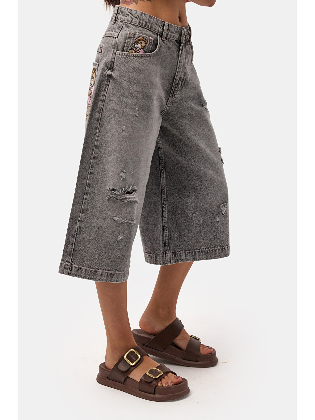 Gri Kadın Füme 12s6-13 Baggy Fit Maxi Denim Tasarım Bermuda Şort
