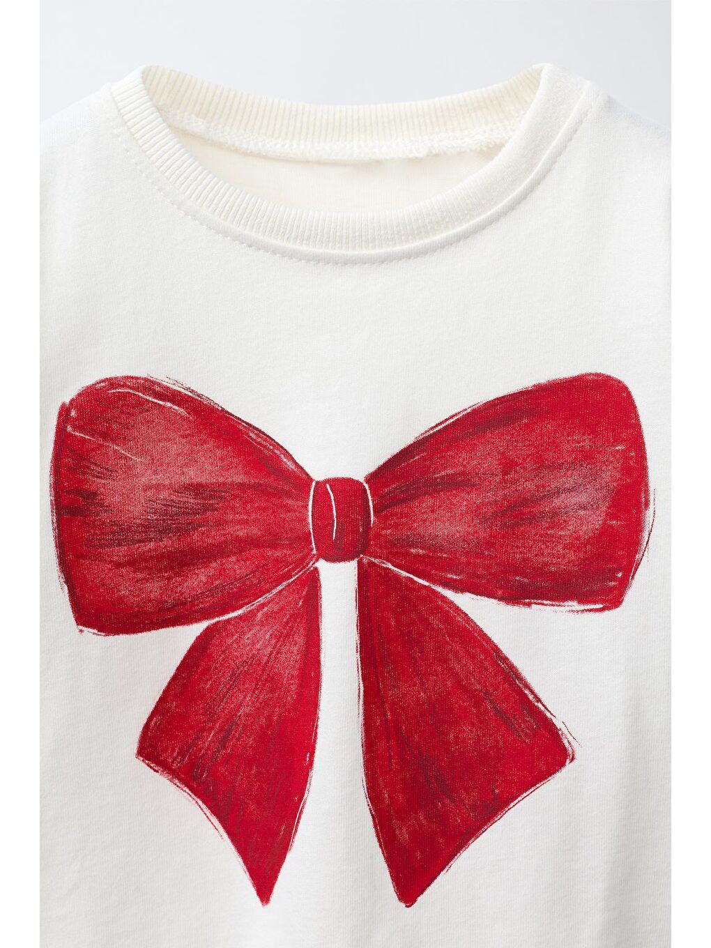 Kız Çocuk Pamuklu Ekru Fiyonk Baskılı Uzun Kollu T-Shirt-1