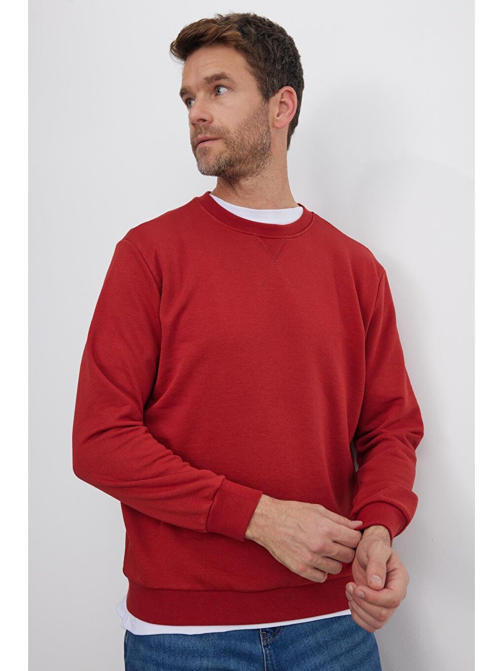 Kahverengi Unisex Relax Fit Rahat Kesim %100 Pamuk Basic Kiremit Bisiklet Yaka Sweatshirt-4