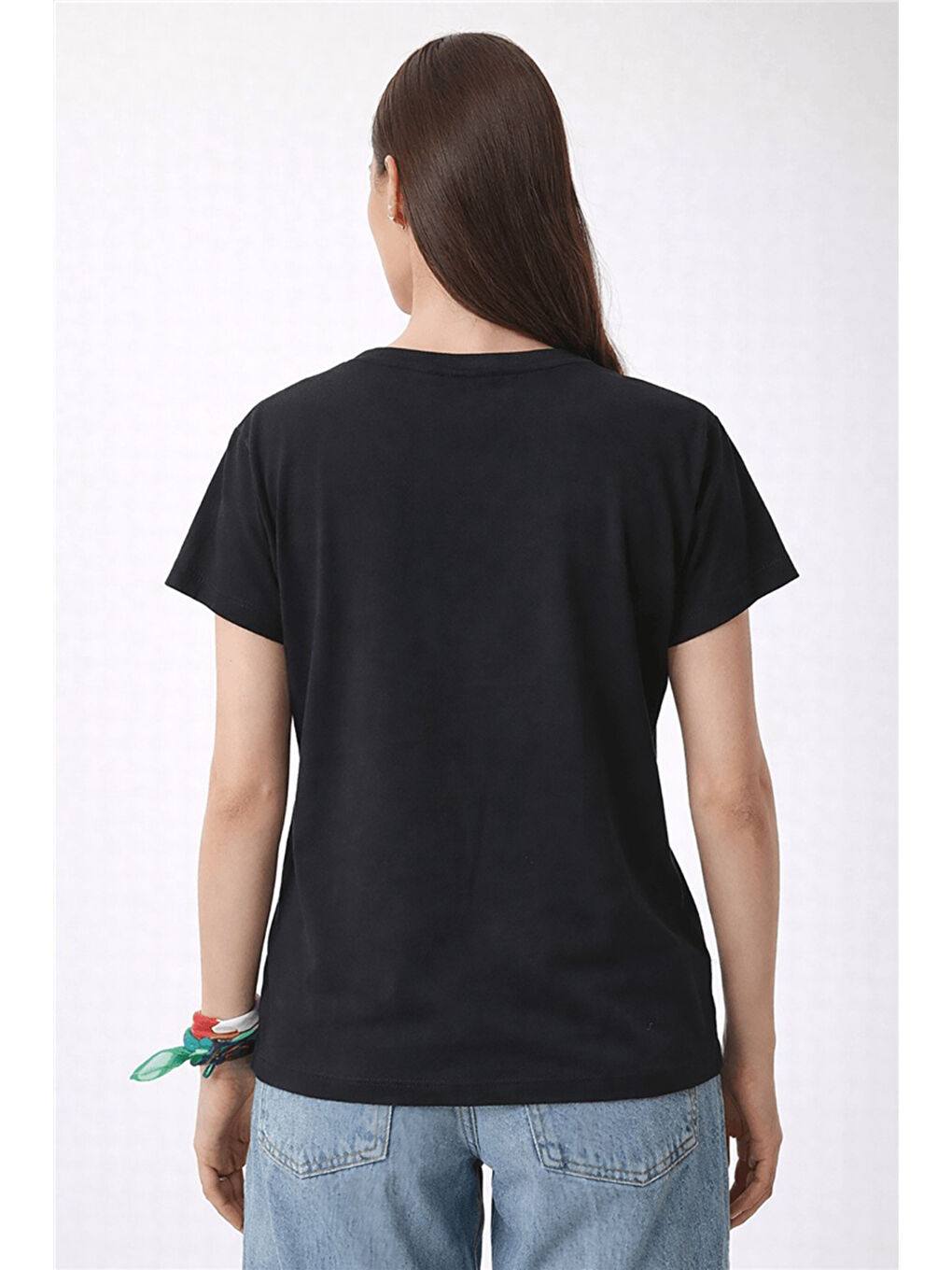 Siyah Dökümlü Baskılı Bisiklet Yaka Kadın Bluz 26Y0190K1-3