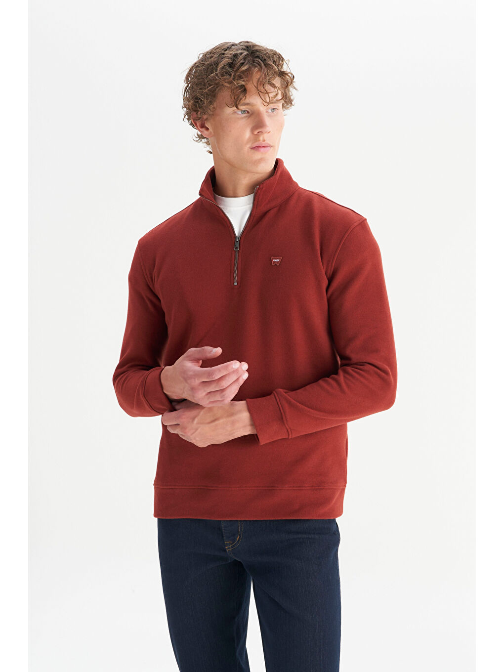 Bordo Pamuklu Regular Fit Dik Yaka Fermuarlı Selanik Örgü Sweatshirt-2