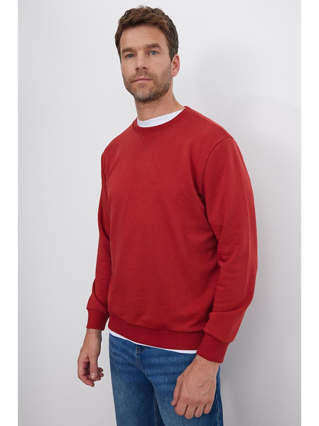 Kahverengi Unisex Relax Fit Rahat Kesim %100 Pamuk Basic Kiremit Bisiklet Yaka Sweatshirt-5