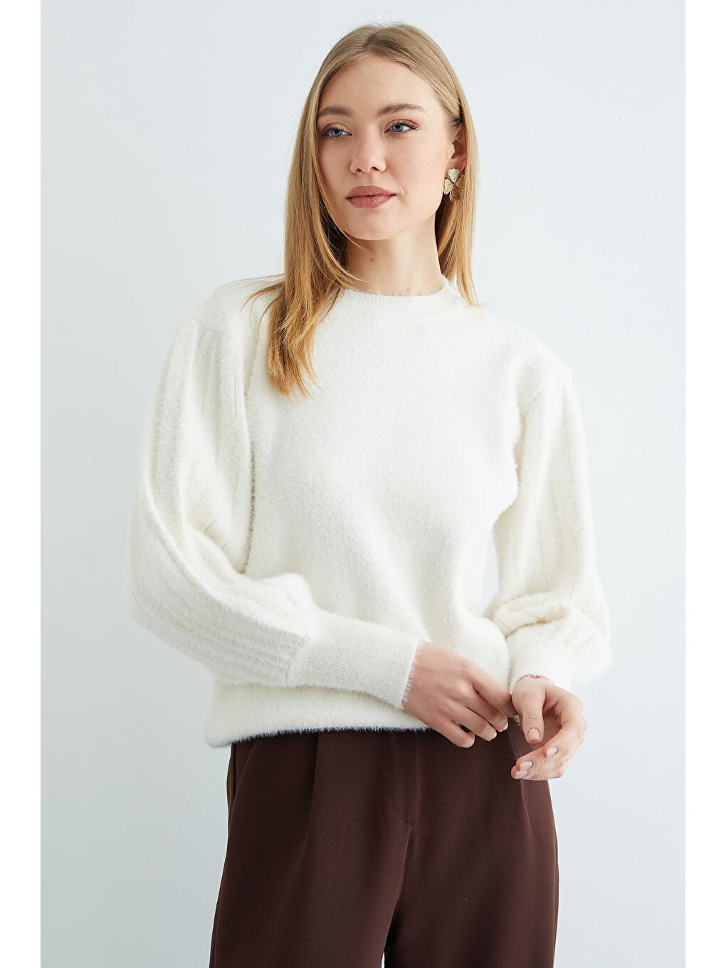 Ekru Balon Kol Bisiklet Yaka Triko Kazak-4