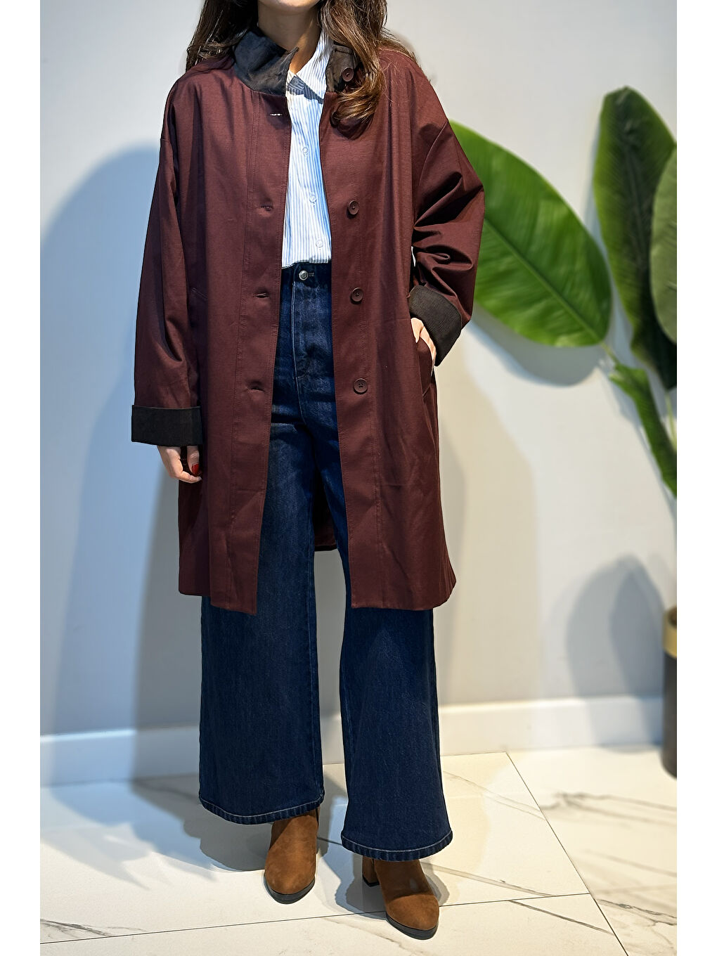 Önü Düğmeli Yaka Kadife Detay Kap Ceket 16745 Bordo-1