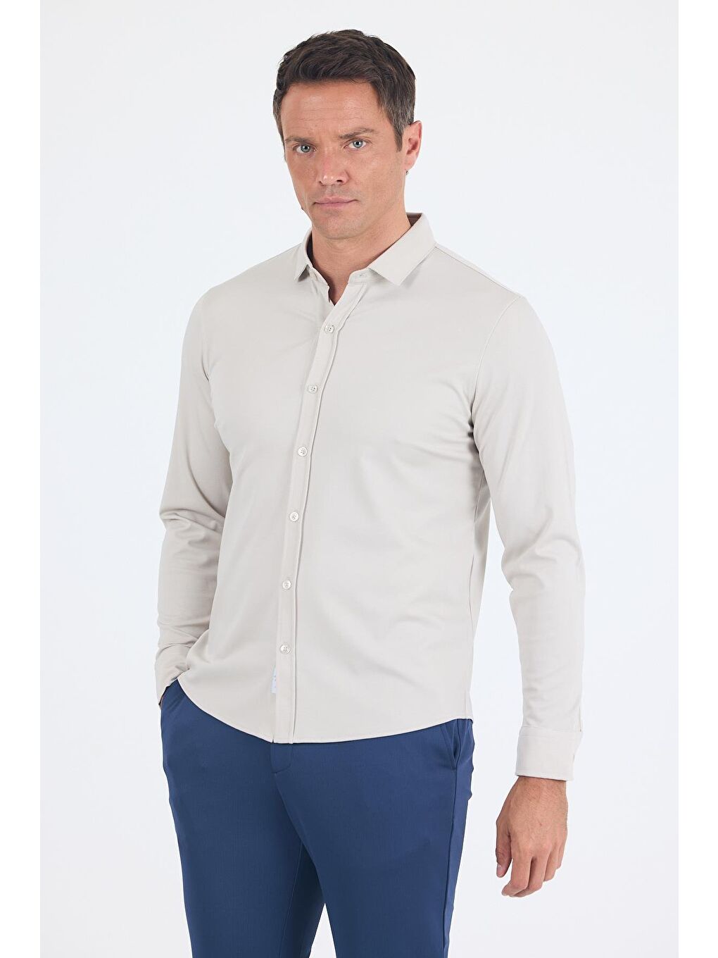 Bej Taş Rengi Uzun Kol Düz Örme Polo Yaka Cepsiz Esnek Classic Slim Fit Gömlek 1004250153_610